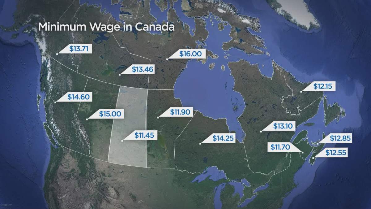 A map of minimum wages in Canada by province shows Saskatchewan has the lowest rate in the country.