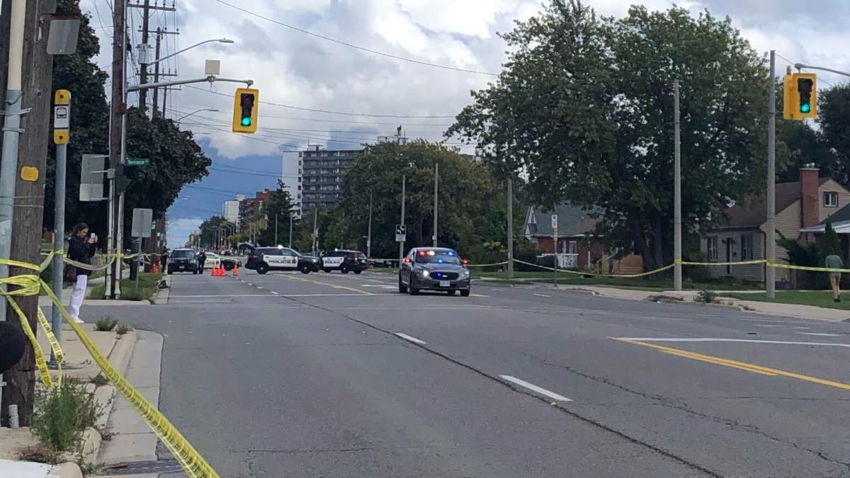 Hamilton police on scene following a shooting on Mohawk Road East near Upper James Street Friday October 2, 2020.
