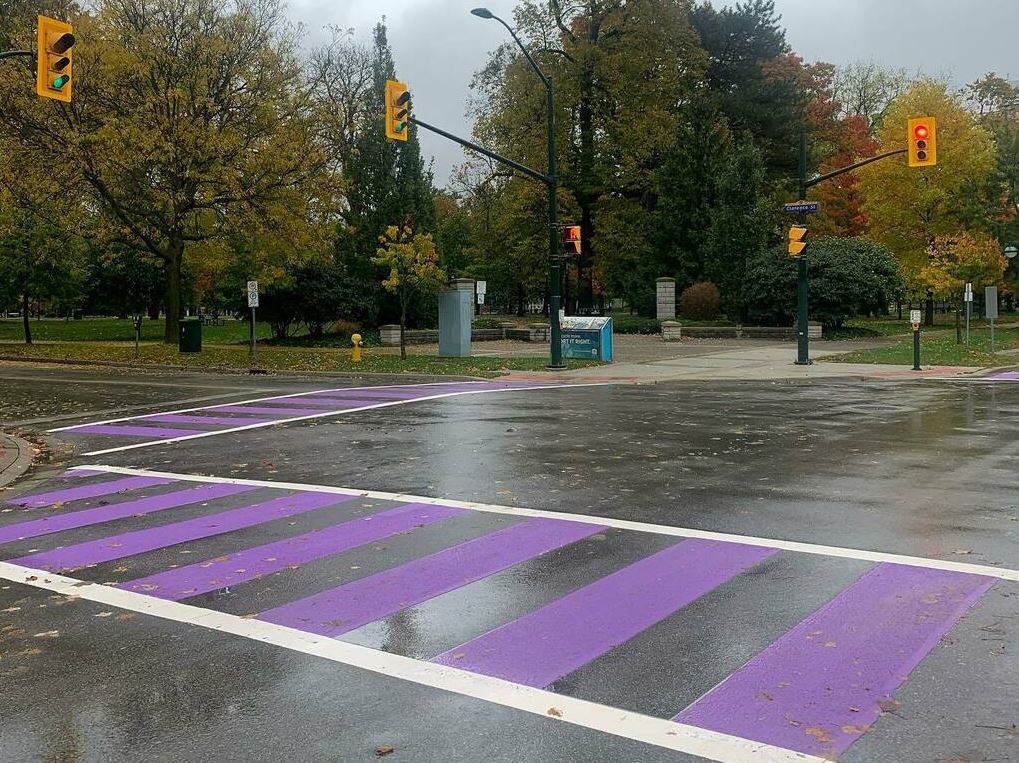 Crosswalks have been painted purple to mark LAWC's 11th annual Shine the Light campaign.