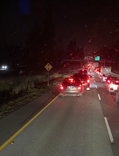 Traffic was backed up and down to a single lane on westbound Highway One in Langley following a serious multi-vehicle collision that sent one person to hospital in critical condition Monday night.