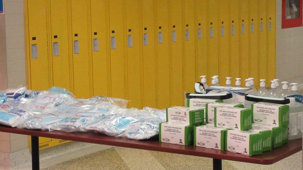 A display of weekly PPE supplies for staff use at Ancaster High in Hamilton.
