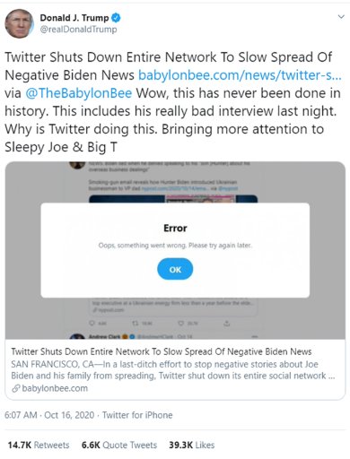 This screenshot shows U.S. President Donald Trump tweeting a fake story from a Christian satire site on Oct. 16, 2020.