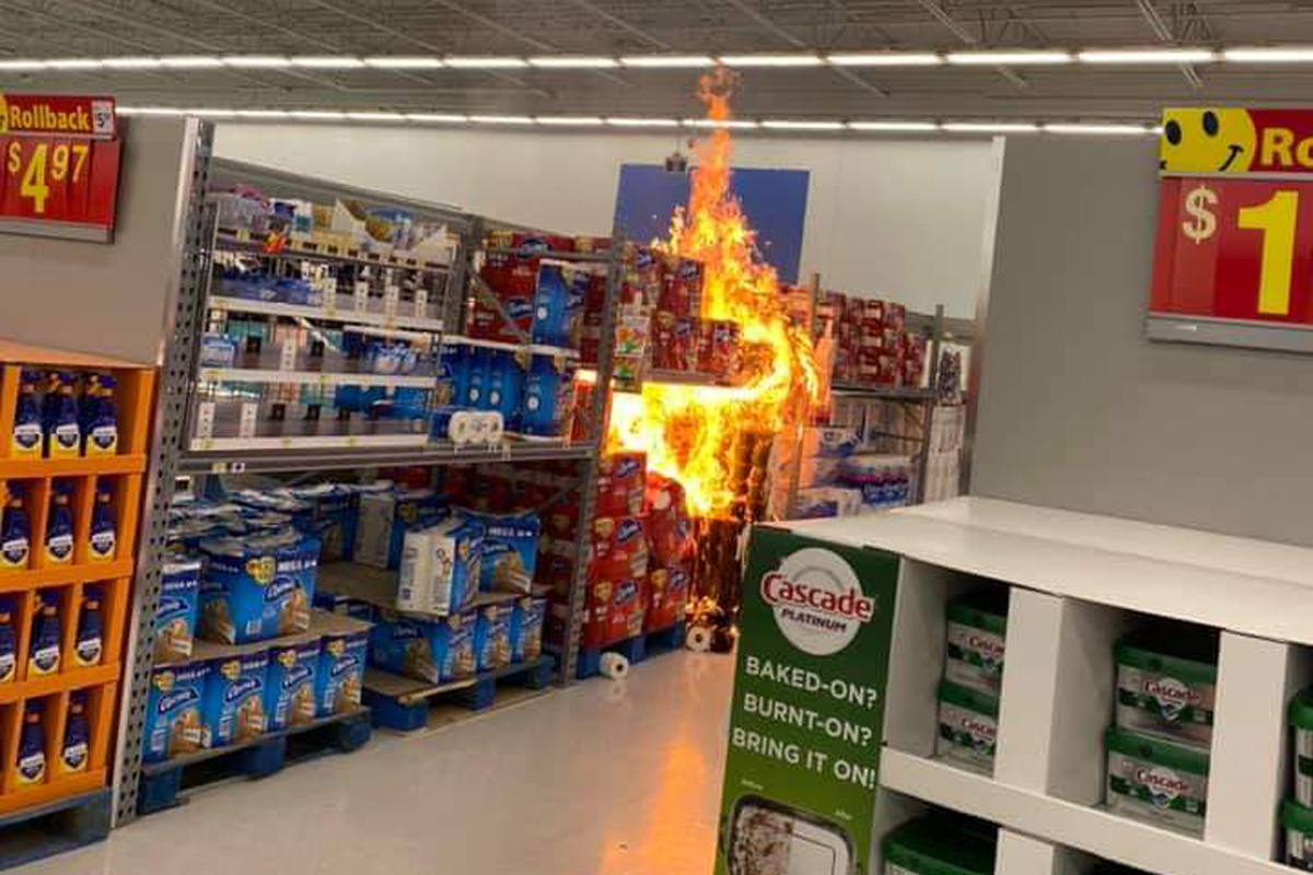 Paper products were set ablaze at the Walmart store in the Sunrise Shopping Centre in Kitchener, Ont.