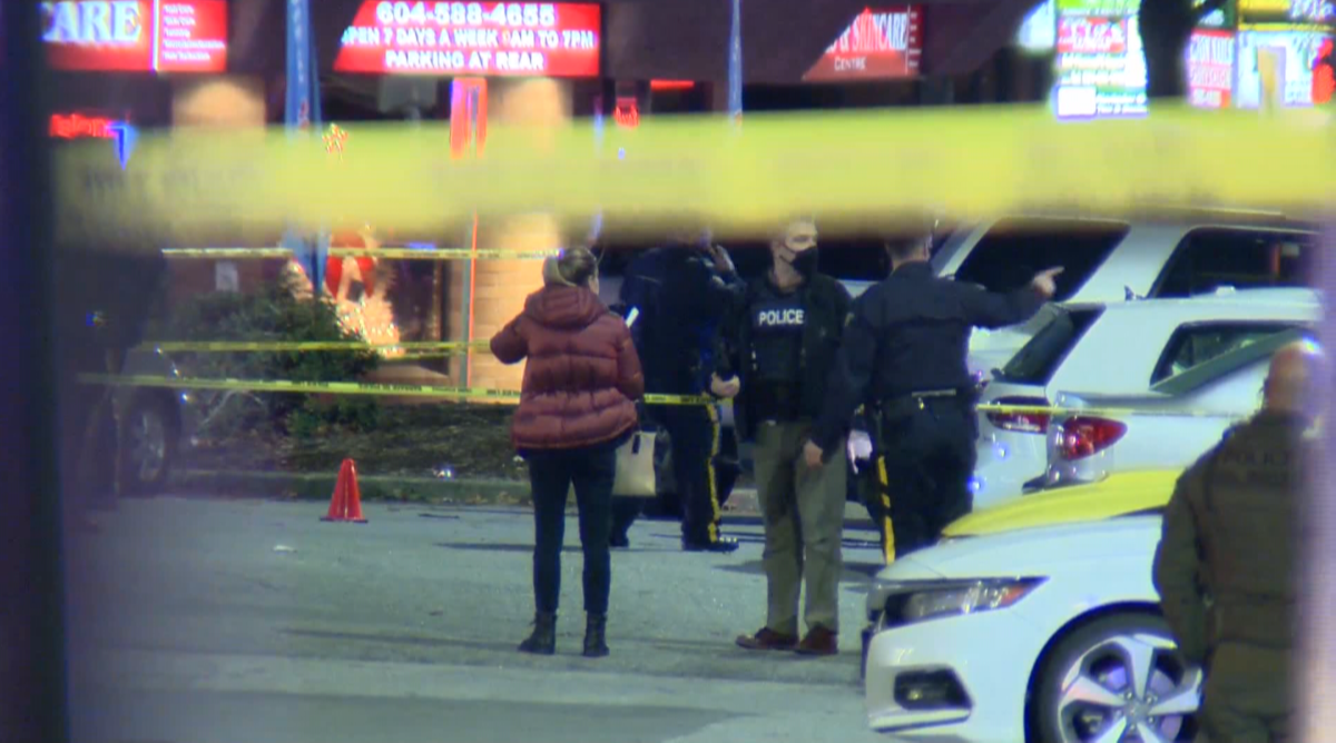 Surrey RCMP on the scene of a fatal targeted shooting outside Evergreen Mall on 152nd Street.