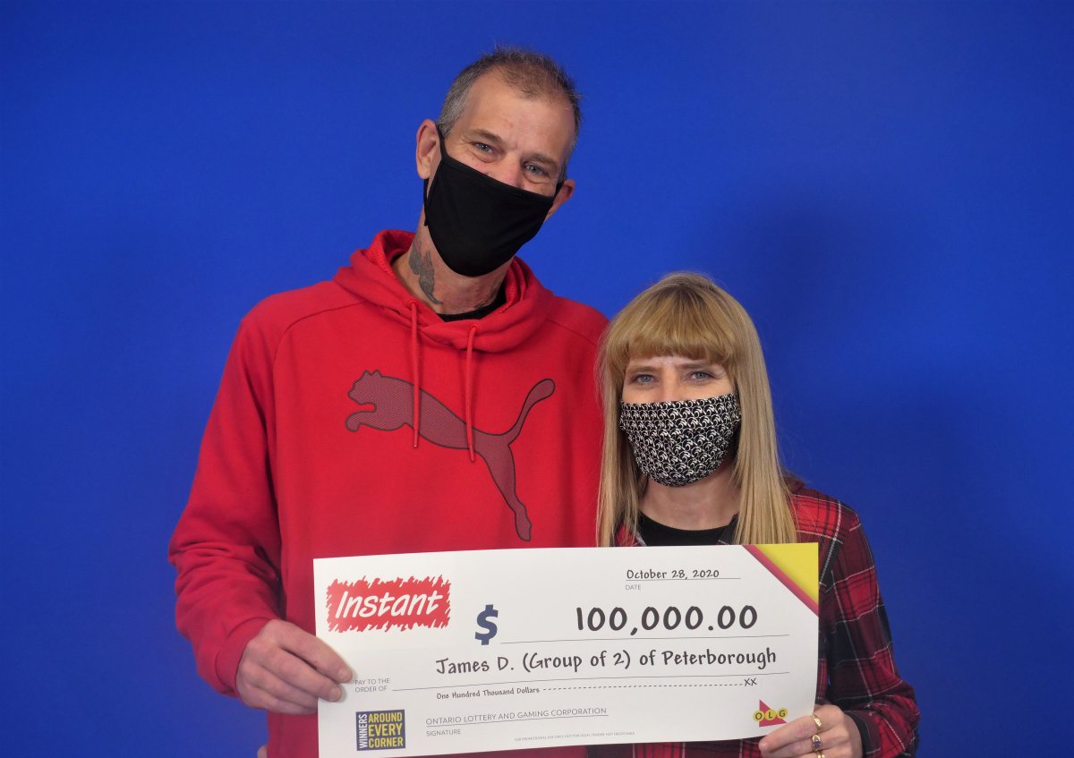 James Dufresne and Jennifer (Jenny) White of Peterborough are $100,000 richer after winning with Instant 5X Cash lottery game.