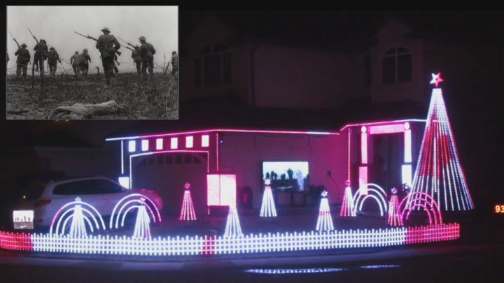 Trevor Allen created a Remembrance Day-themed light display that consists of 70,000 red and white lights outside his Regina home.