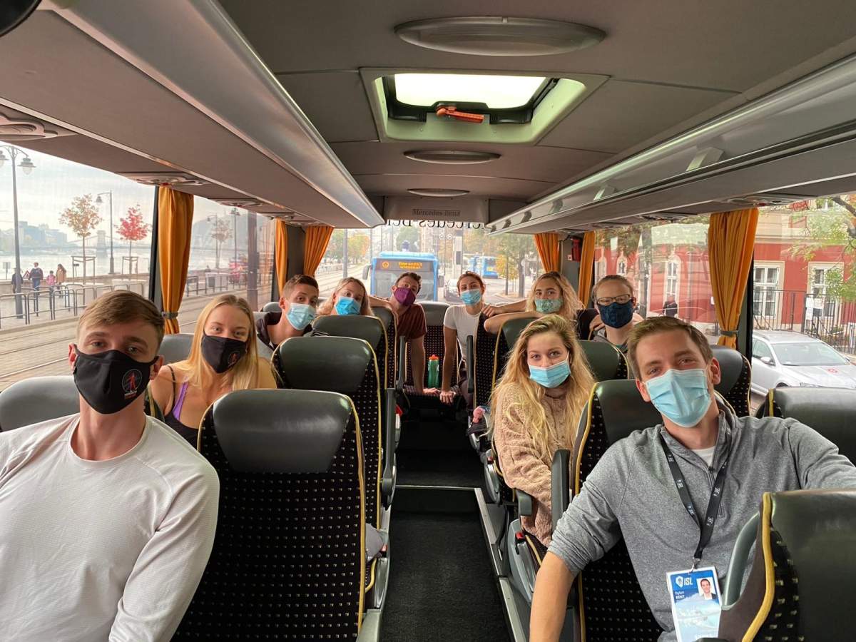 Brent Hayden and his swimming team on the bus to the pool in Budapest, Hungary.