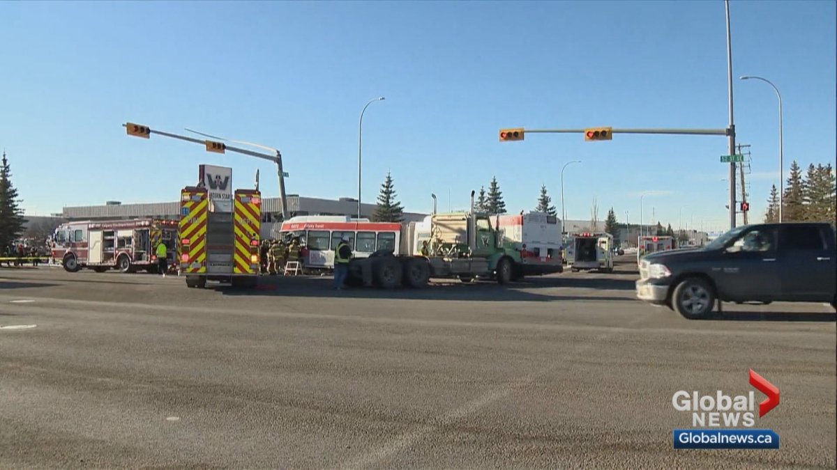 Five people were injured after a Calgary Transit bus and a tractor trailer collided in an intersection on Thursday. 
