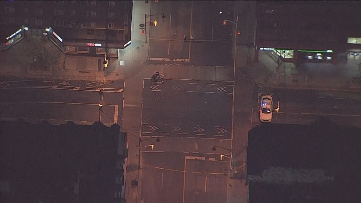 An aerial view of the scene at Church and Wellesley streets.