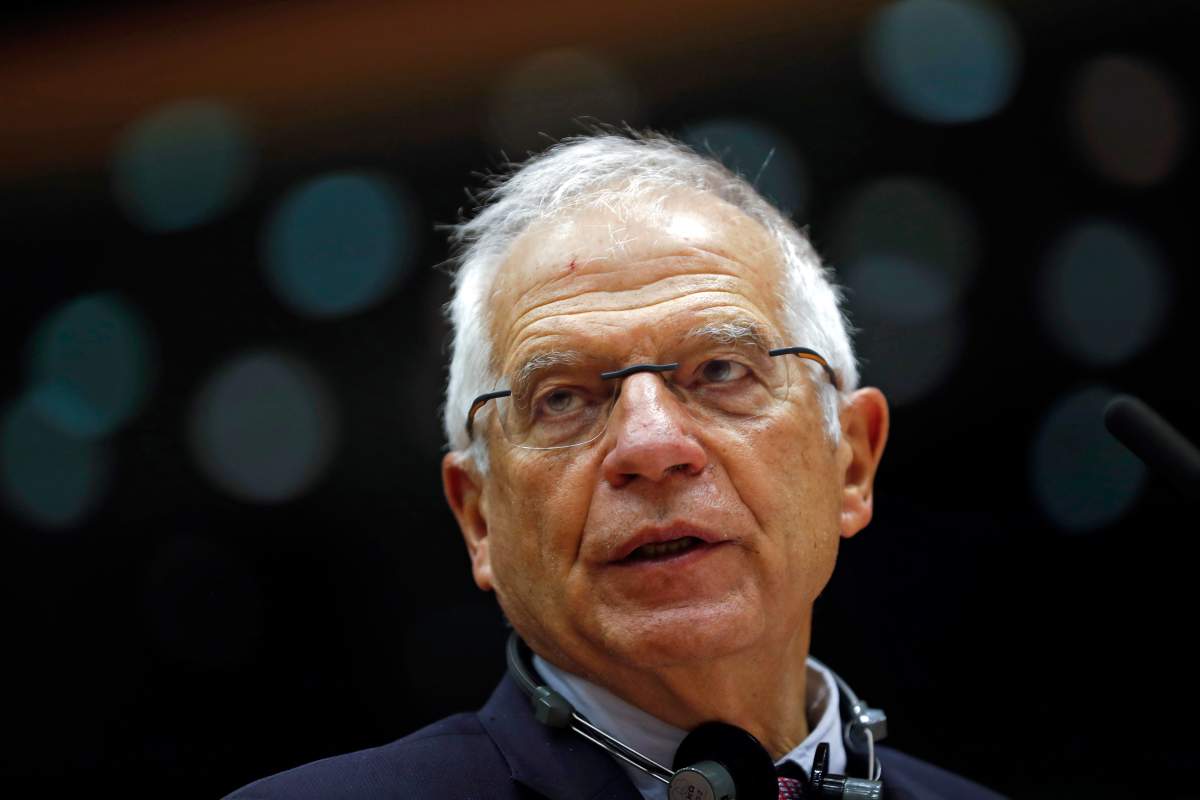 European Union foreign policy chief Josep Borrell addresses lawmakers during a plenary session of relations with Belarus at the European Parliament in Brussels, Belgium, Oct. 20, 2020.
