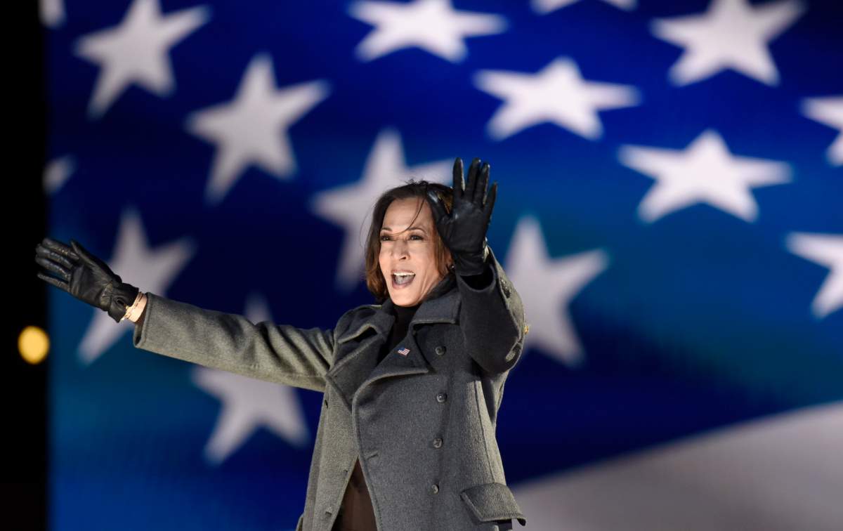 Democratic vice presidential candidate Sen. Kamala Harris, D-Calif., speaks during a drive-in rally, Monday, Nov. 2, 2020, in Philadelphia. AP Photo/Michael Perez