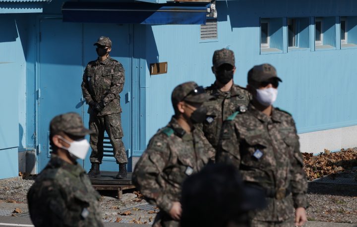 FILE: South Korean soldiers stand at the southern side of Panmunjom in the Demilitarized Zone, South Korea, 04 November 2020.  