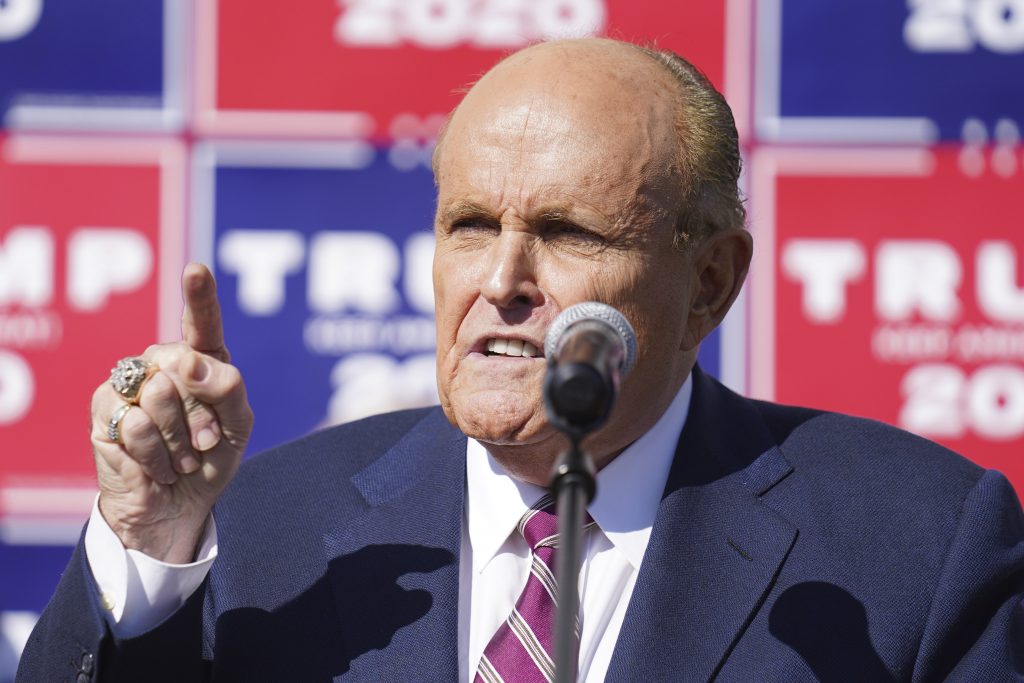 Former New York mayor Rudy Giuliani, a lawyer for President Donald Trump, speaks during a news conference on legal challenges to vote counting in Pennsylvania, Saturday Nov. 7, 2020, in Philadelphia. (AP Photo/John Minchillo).