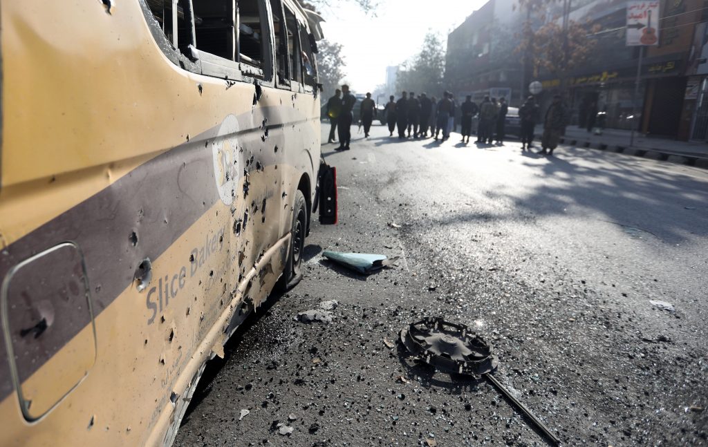 Afghan security forces cordon off the area of a rocket attack site in Kabul, Afghanistan, 21 November 2020. According to media reports at least one person was killed and three others were injured as several rockets landed on the Afghann capital.  EPA/Jawad Jalali.