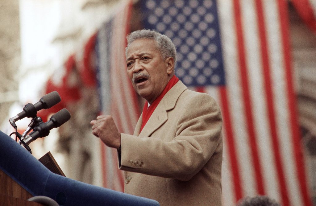 FILE - In this Monday, Jan. 2, 1990, file photo, David Dinkins delivers his first speech as mayor of New York, in New York. Dinkins, New York City’s first African-American mayor, died Monday, Nov. 23, 2020. He was 93. (AP Photo/Frankie Ziths, File).