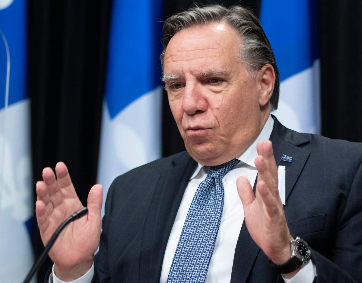 Quebec Premier Francois Legault responds to reporters during a news conference on the COVID-19 pandemic, Thursday, November 26, 2020 at the legislature in Quebec City. 