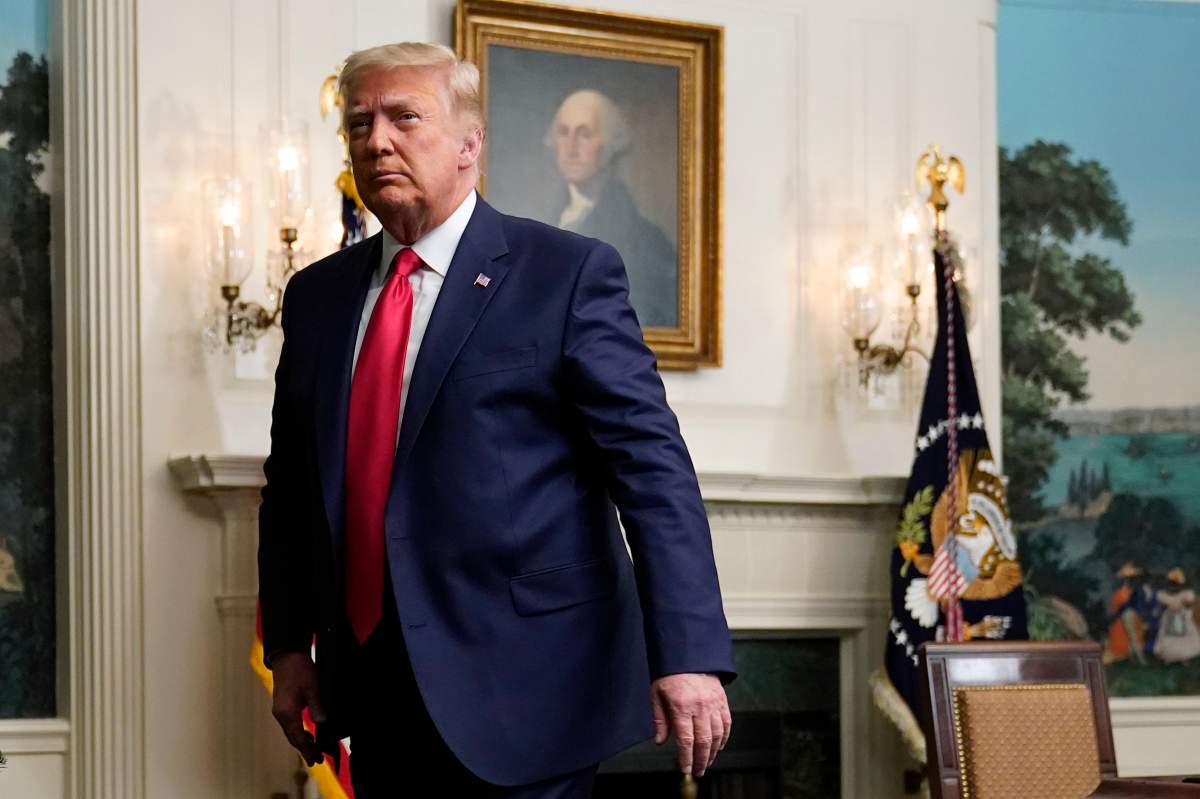 U.S. President Donald Trump departs after participating in a video teleconference call with members of the military on Thanksgiving, Thursday, Nov. 26, 2020, at the White House in Washington.