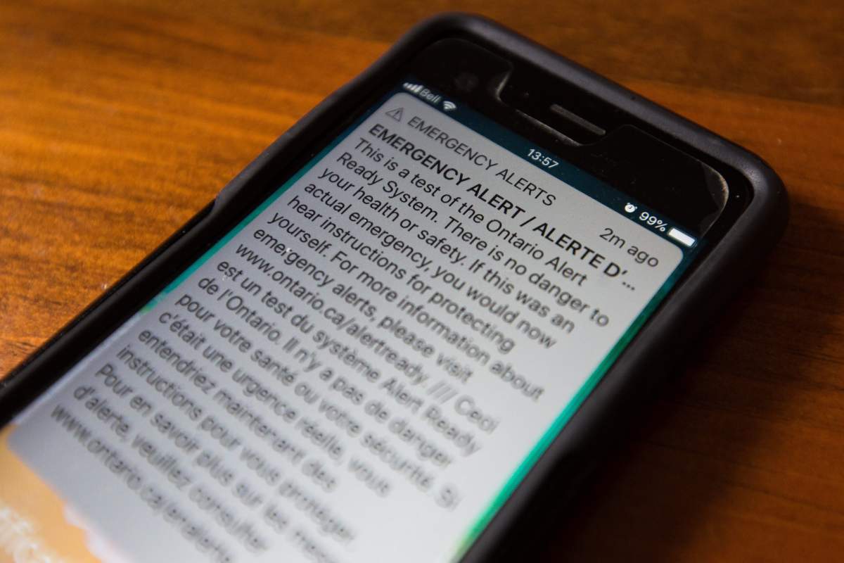 An emergency alert systems test shown on an LTE enabled smart phone in Kingston, Ont., on a previous alert Nov. 28, 2018.