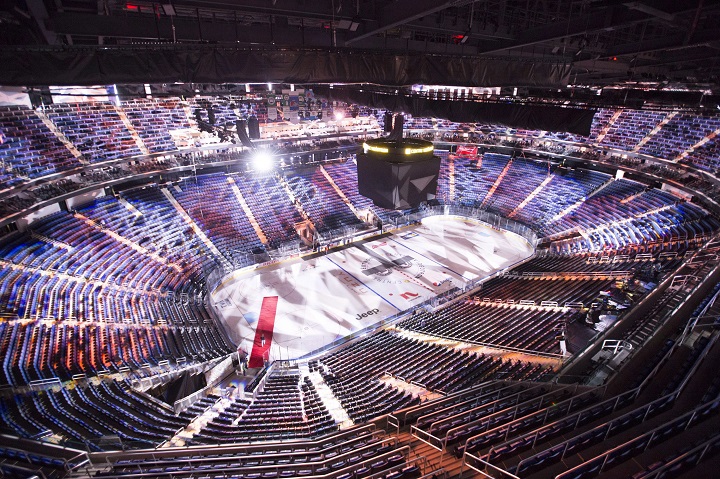 In this Sept. 2015 photo, interior lights are put on display during preparations for the first hockey game to be played at the newly constructed Videotron Centre. As the coronavirus pandemic continues, the QMJHL is planning a 21-game series in a bubble at the centre in Quebec City. Nov. 10, 2020.