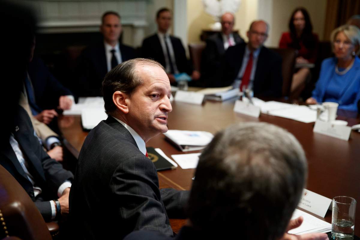 Outgoing Labor Secretary Alex Acosta, speaks to President Donald Trump and others, during a Cabinet meeting in the Cabinet Room of the White House, Tuesday, July 16, 2019, in Washington.