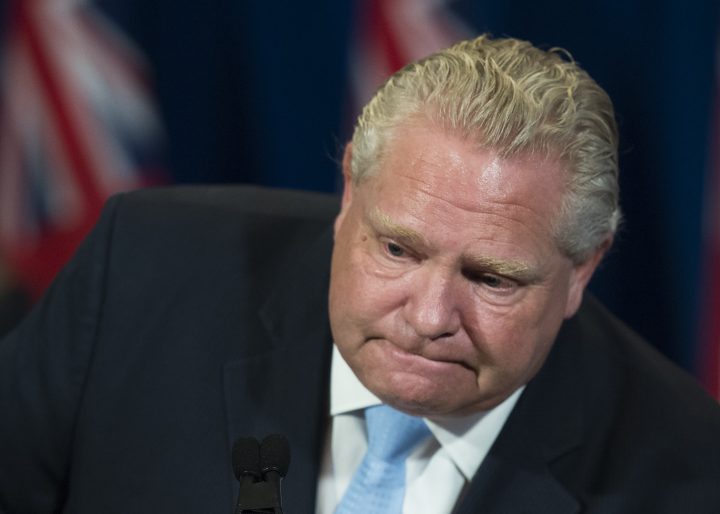 Ontario Premier Doug Ford fights back tears as he answers question about a disturbing report from the Canadian military regarding five Ontario long-term-care homes during his daily updates regarding COVID-19 at Queen’s Park in Toronto on Tuesday, May 26, 2020.