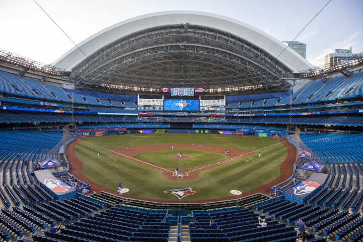 The Toronto Blue Jays play an MLB intrasquad baseball game in a nearly empty Rogers Centre in Toronto on Thursday, July 9, 2020. 