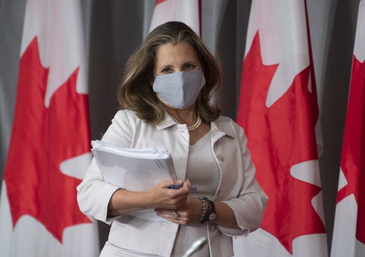 Deputy Prime Minister and Minister of Finance Chrystia Freeland arrives for a news conference Thursday August 20, 2020 in Ottawa. 