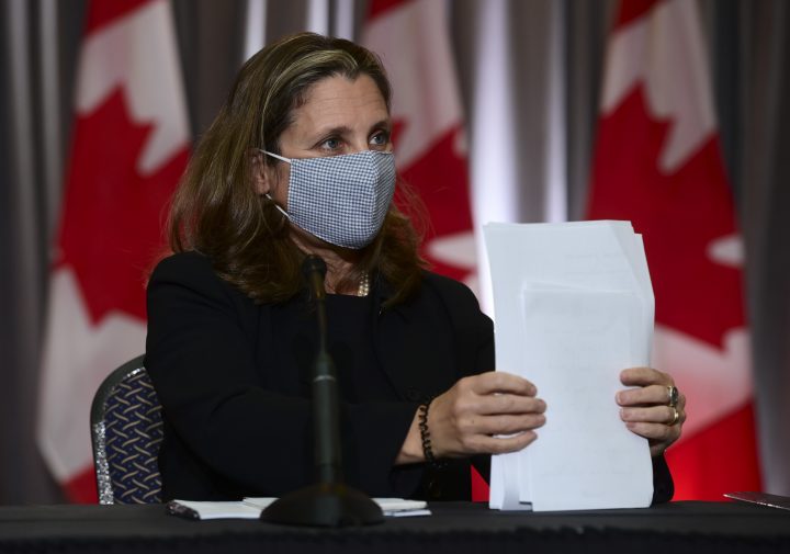Minister of Finance Chrystia Freeland holds a news conference on the second day of the Liberal cabinet retreat in Ottawa on Tuesday, Sept. 15, 2020.  THE CANADIAN PRESS/Sean Kilpatrick.