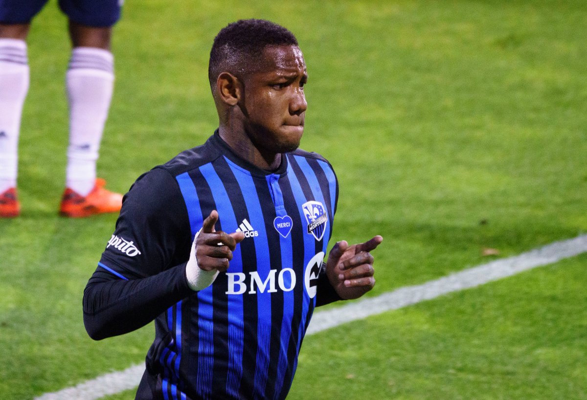 Montreal Impact forward Romell Quioto celebrates his goal during first half MLS action against the Vancouver Whitecaps, in Montreal on Tuesday, Aug. 25, 2020. Quioto was suspended for an additional match, two matches total, on Friday night by Major League Soccer. 