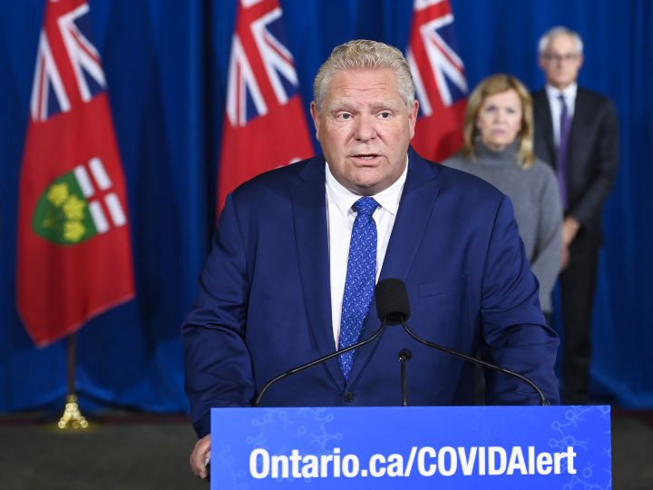 Ontario Premier Doug Ford holds a press conference at Queen's Park during the COVID-19 pandemic in Toronto on Friday, Oct. 2, 2020.