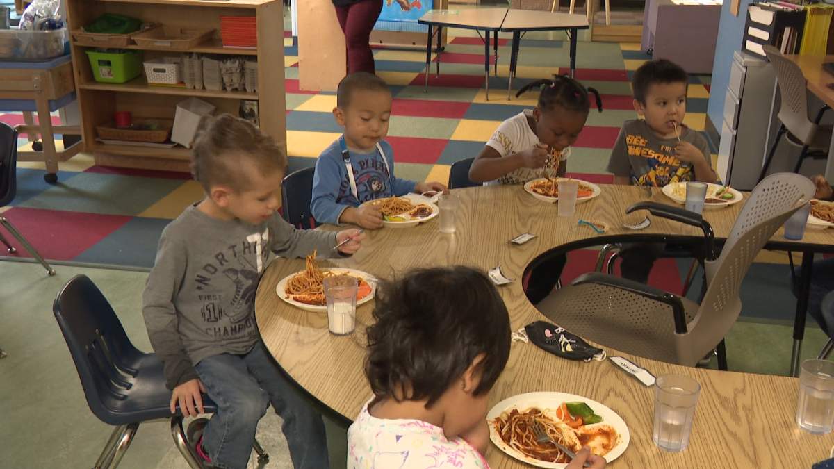 Children eating lunch at CUPS Calgary Kindergarten program