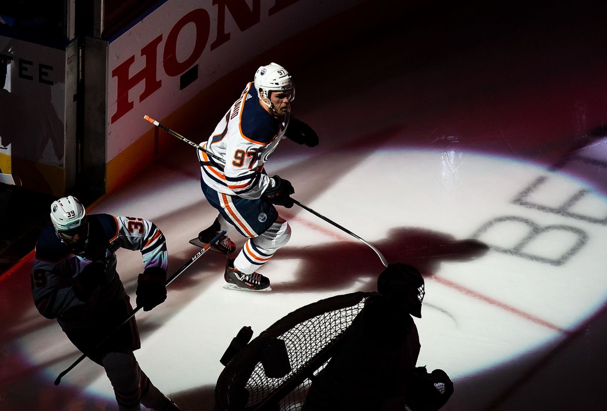 Edmonton Oilers' Connor McDavid (97) steps on to the ice prior to taking on the Chicago Blackhawks in NHL Stanley Cup qualifying round action in Edmonton, Wednesday, Aug. 5, 2020.