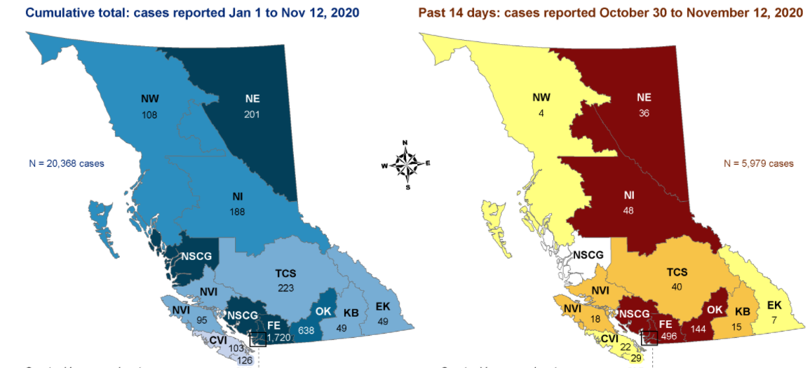 There have been 144 confirmed cases of COVID-19 in the Okanagan region between Oct. 30 and Nov. 12, according to data from the BC CDC. 