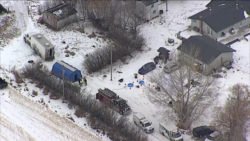 An RCMP investigation east of Delacour, Alta., can be seen on Nov. 25, 2020.