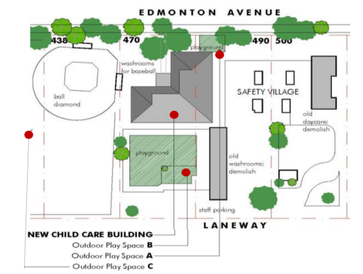 Three aging city buildings will be demolished including the Little Triumphs Daycare, the existing Edmonton Avenue Centre, and the washroom building. The new facility will be rebuilt on the existing site for the Edmonton Avenue Centre.