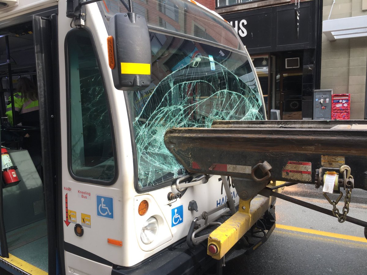 A crash on Barrington Street involving a truck and a Halifax Transit bus slowed traffic in downtown Halifax on Nov. 25, 2020. 