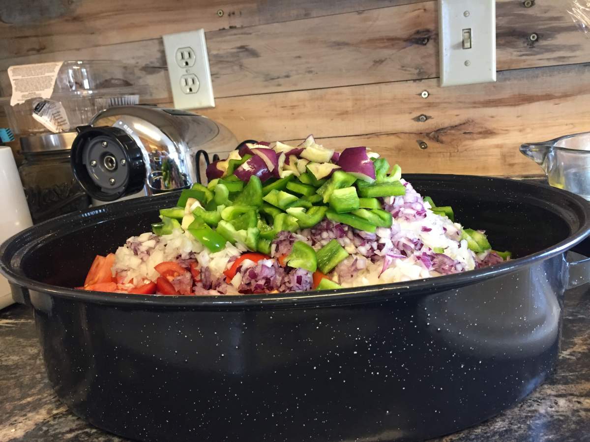 A pot full of fresh ingredients to make salsa sits on Lexie Spahich’s counter.