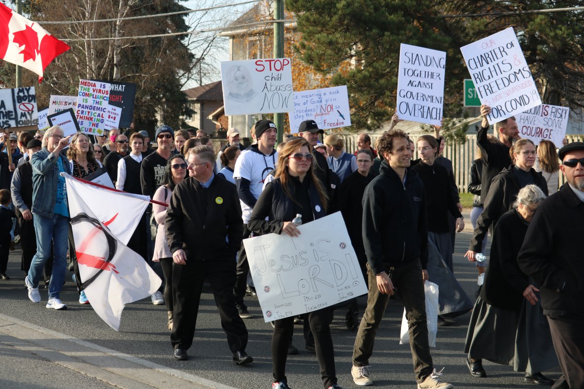 Somewhere between 500 to 750 people participated in the anti-lockdown march with a parade through Aylmer Ont. On Nov. 7, 2020.