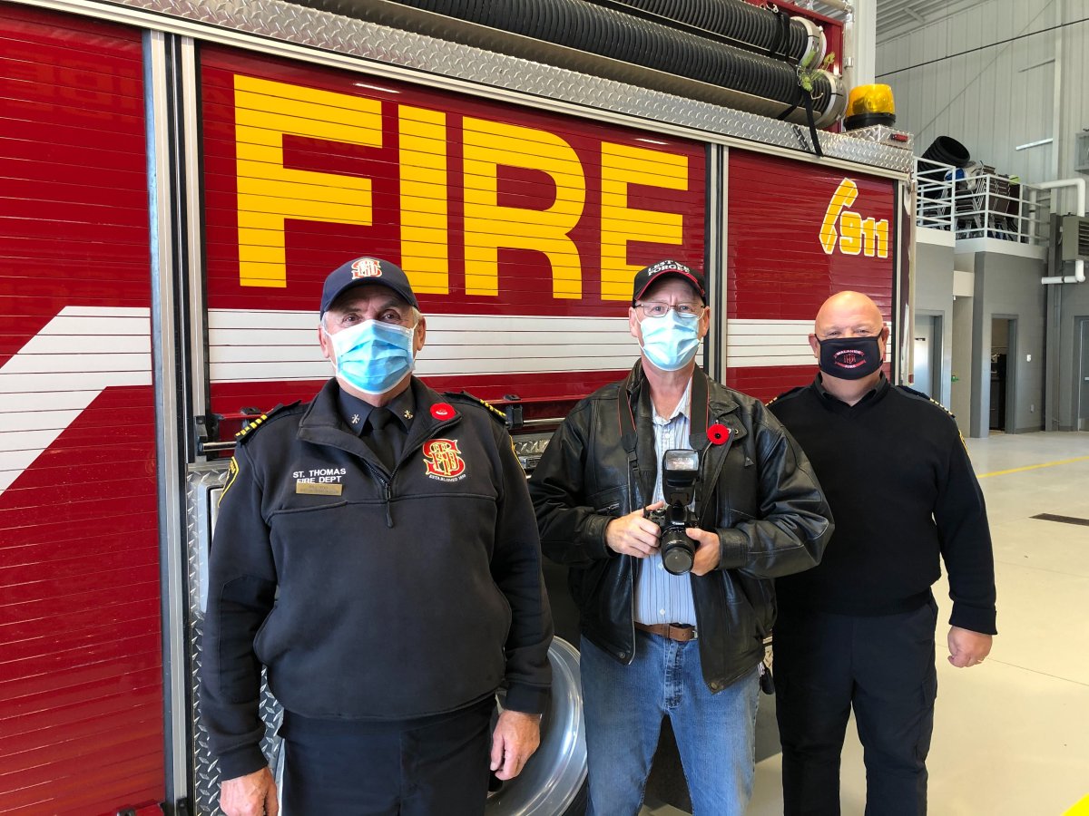 "Extinguishers for Cindy" saw Tony Bendel (centre) team up with St. Thomas Fire Department's chief fire prevention officer Bill Todd (left) and Malahide Township Fire Chief Brent Smith for a public safety video.