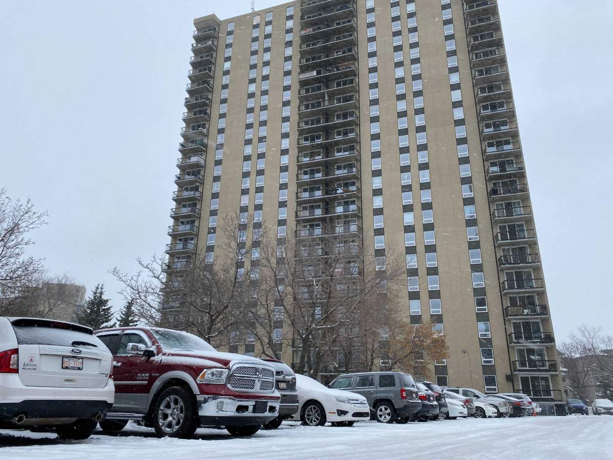 A shot of the “first come first served” lot near the Park Place Tower in Edmonton. This lot holds around 40 cars, despite the fact the parkade for the building has hundreds of spots and four floors.