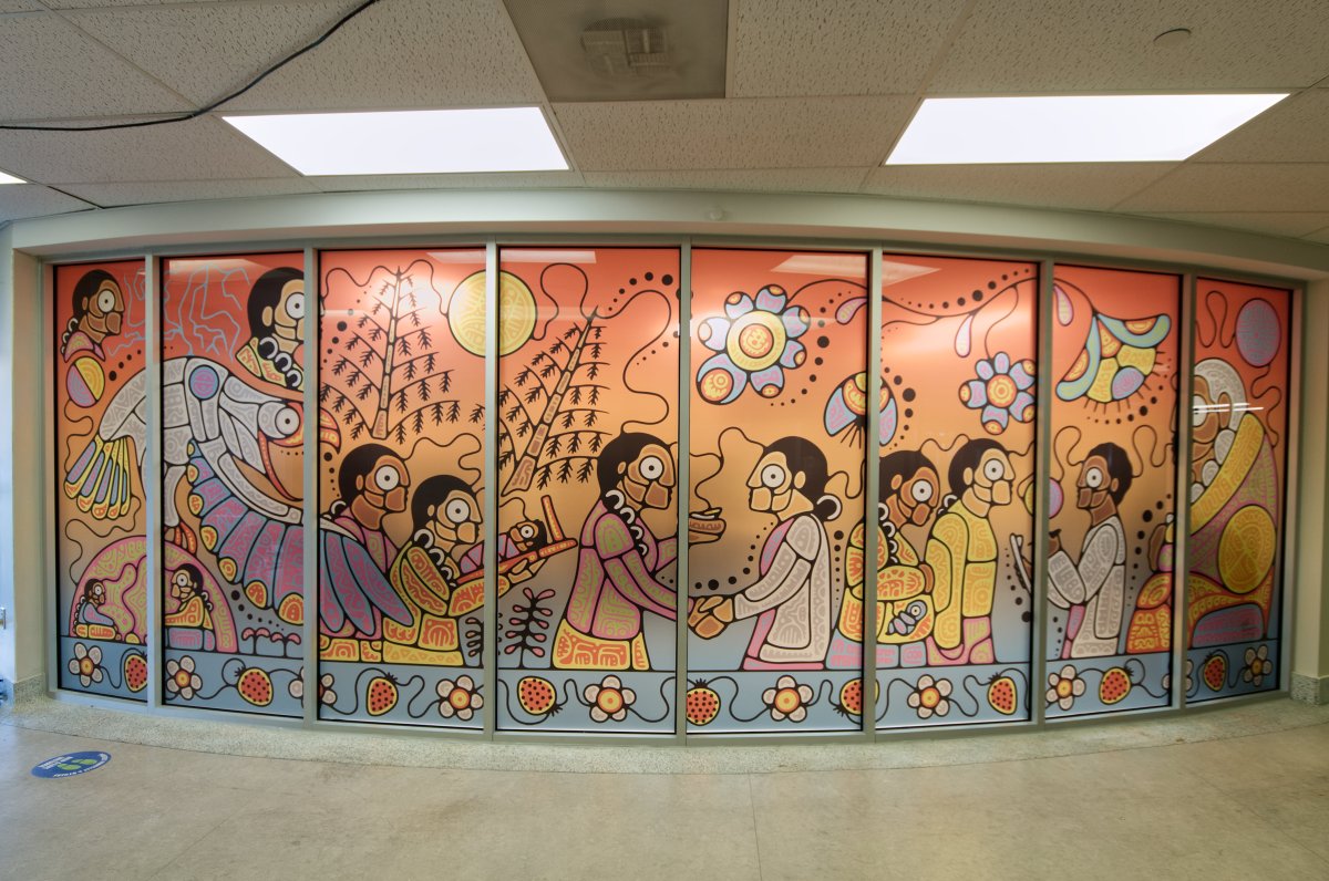 The space's lobby features a mural titled "Ka-Bzindaadmin," which was created by Tsista Kennedy, an 18-year-old, self-taught Indigenous artist from Beausoleil First Nation and Oneida Nation of the Thames.