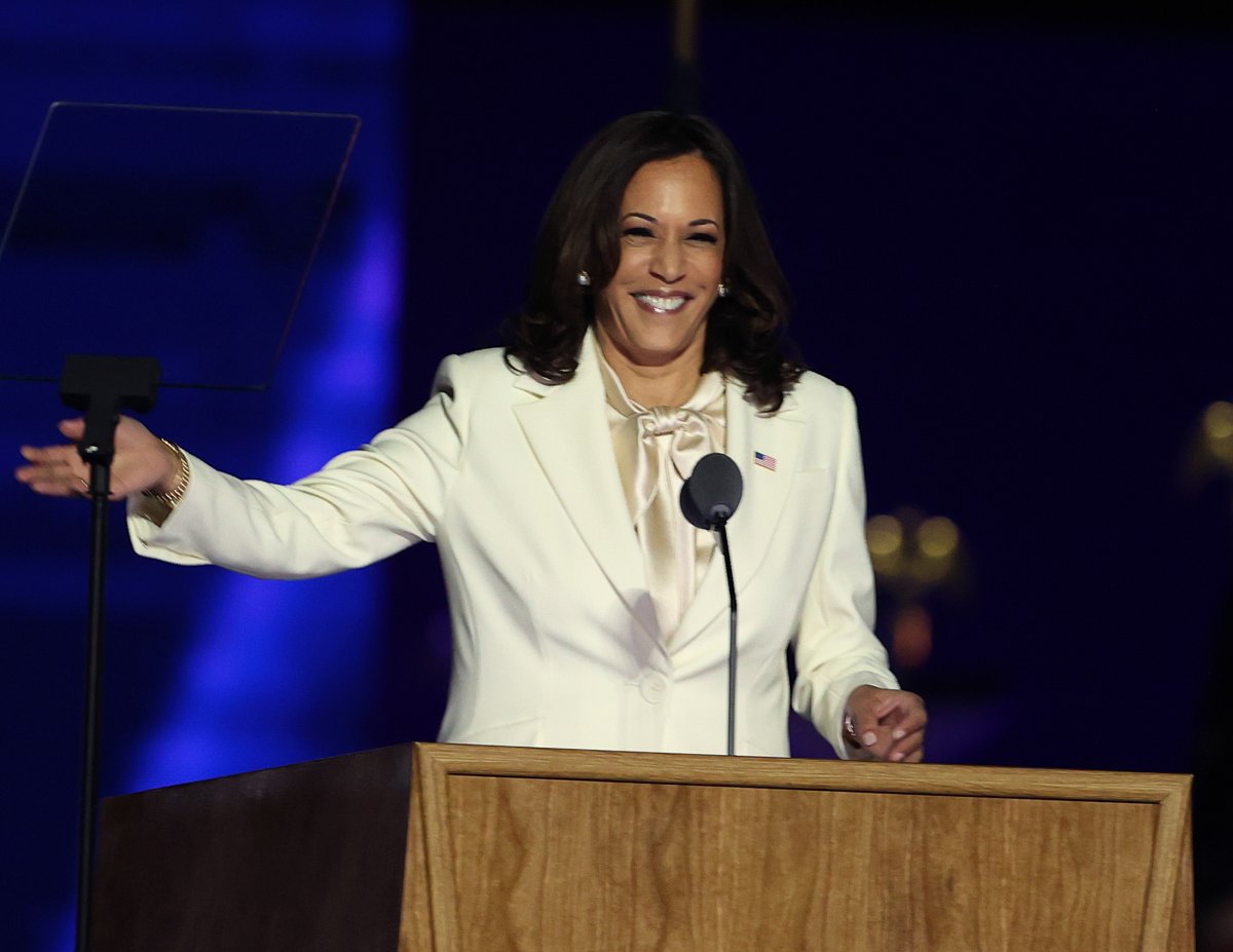 U.S. Vice President-elect Kamala Harris speaks on stage at the Chase Center before President-elect Joe Biden's address to the nation November 07, 2020 in Wilmington, Delaware.