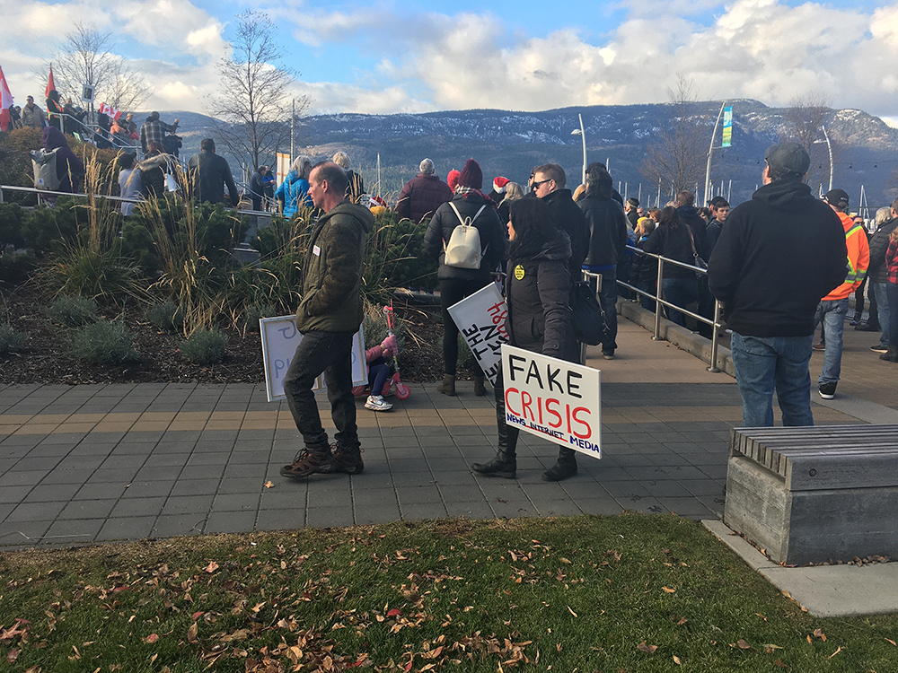 COVID-19 protesters seen in downtown Kelowna on Nov. 28, 2020. On Saturday, Jan. 16, 2021, Kelowna RCMP say this weekend’s organizer was finded $2,300.