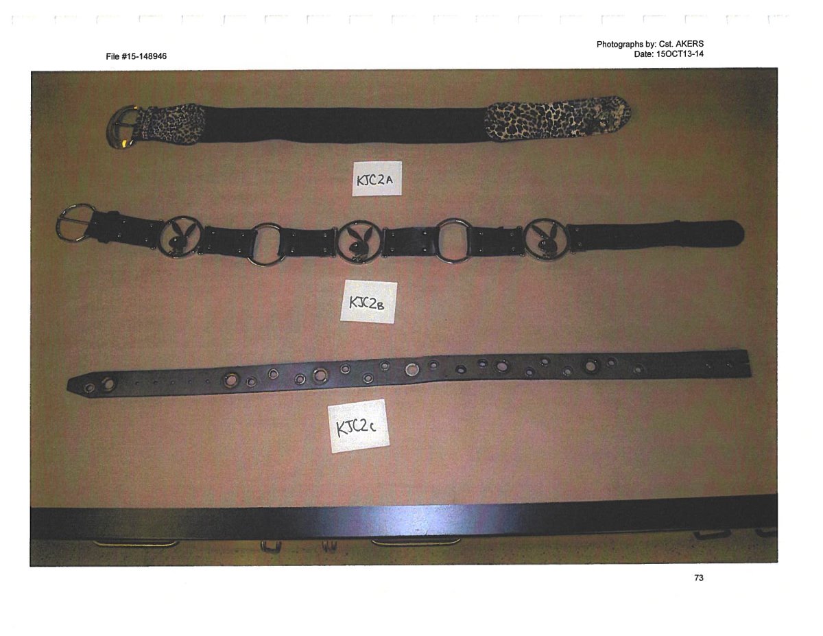 A forensic photograph taken in October, 2015, of belts was filed as an exhibit for the trial of Lauren Lafleche, an Edmonton woman accused of killing her five-year-old daughter Shalaina Arcand.  