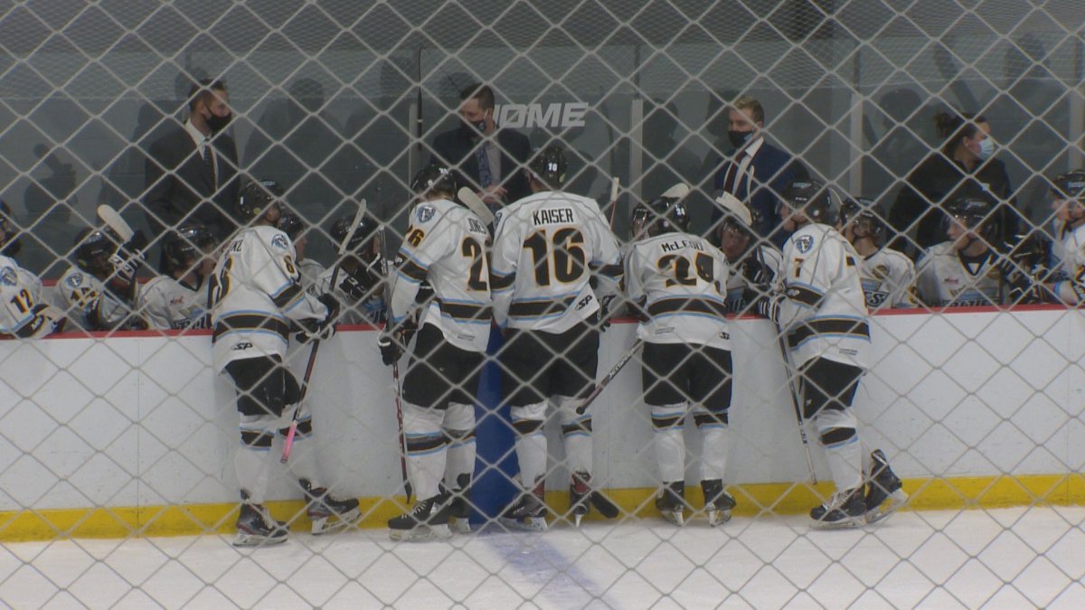 The Winnipeg Blues talk things over at the bench in play in the Manitoba Junior Hockey League.