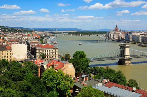 A panoramic view of the Danube River and Margaret Island in the background in Budapest, Hungary.