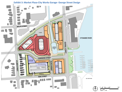 Proposed design for a new arena and event centre in the Market Plaza-City works garage area in downtown Peterborough