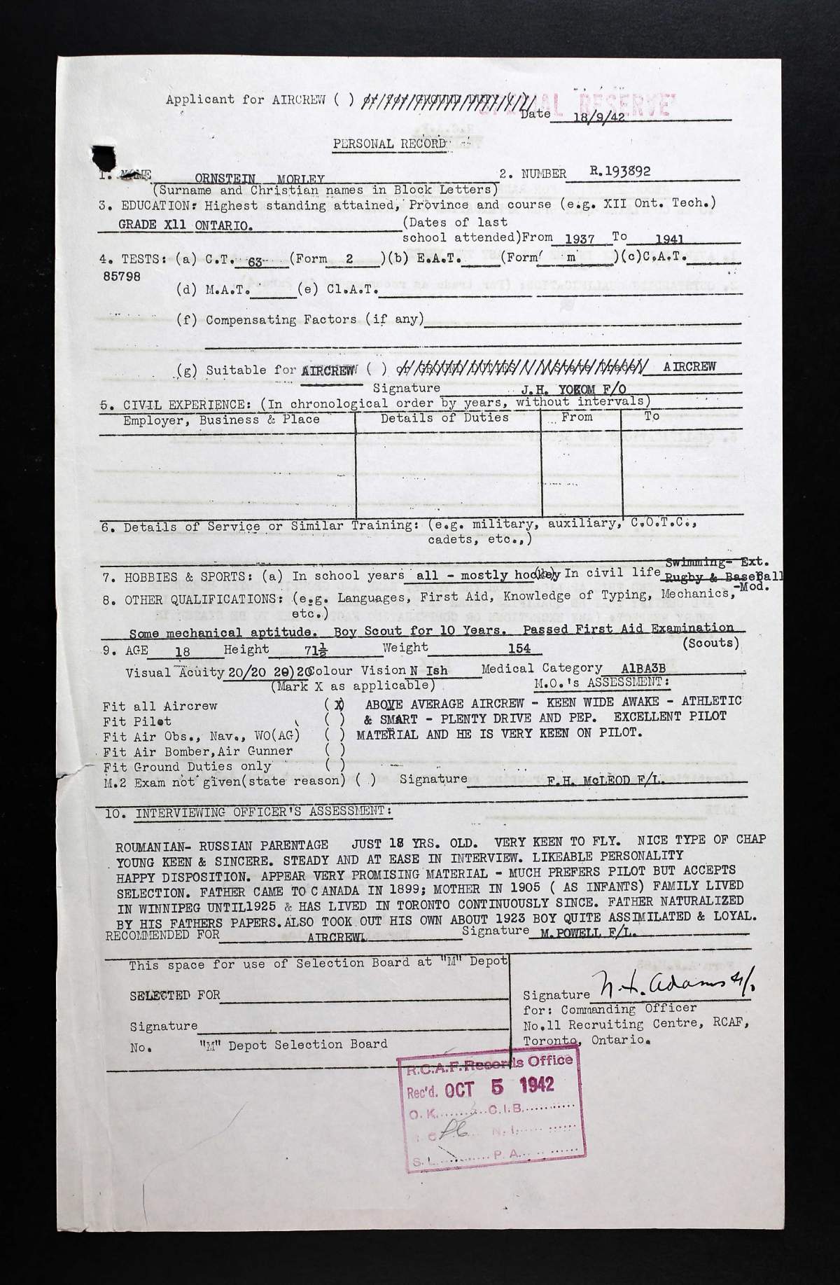 Part of Ornstein’s assessment when applying for the RCAF in 1942.