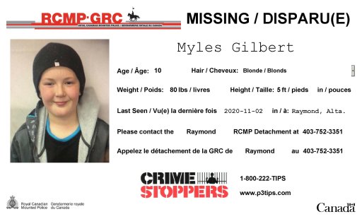 Myles Gilbert was reported missing in the Raymond, Alta., area on Monday.