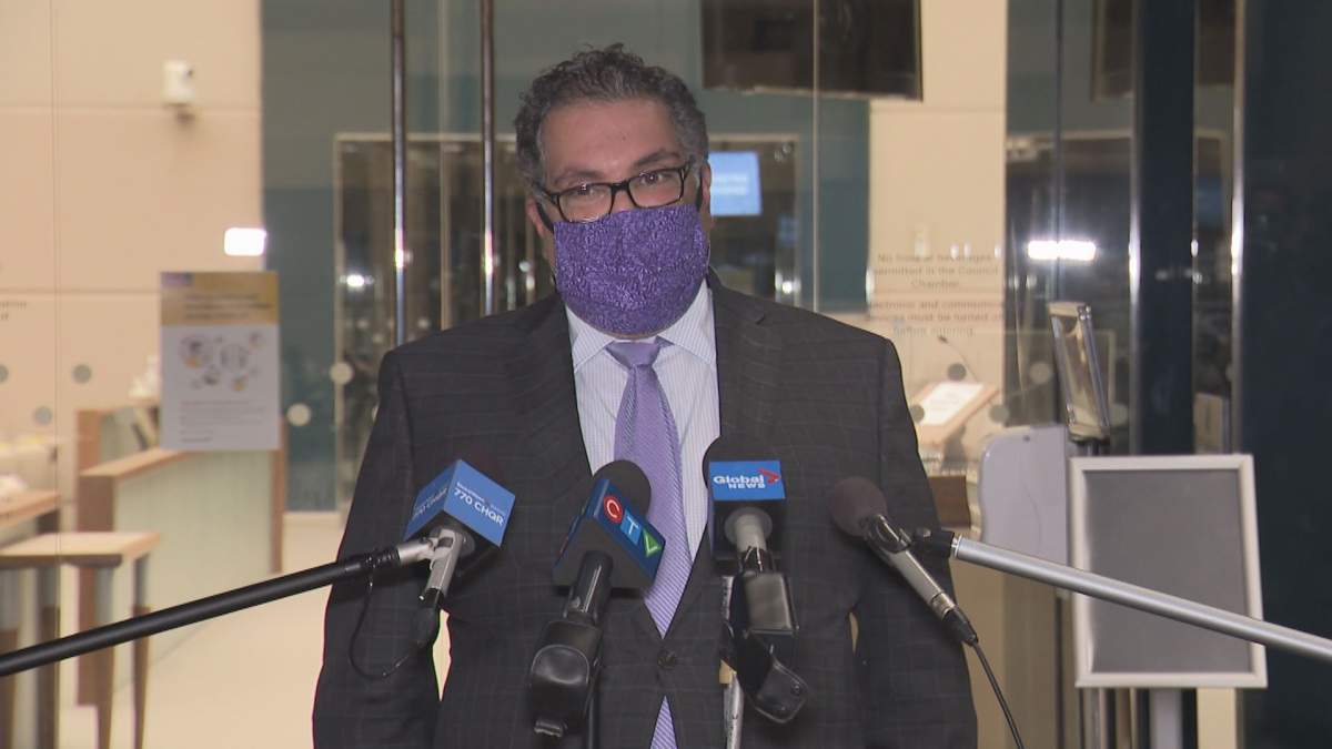 Calgary Mayor Naheed Nenshi discusses the recently-passed city budget on Nov. 26, 2020.